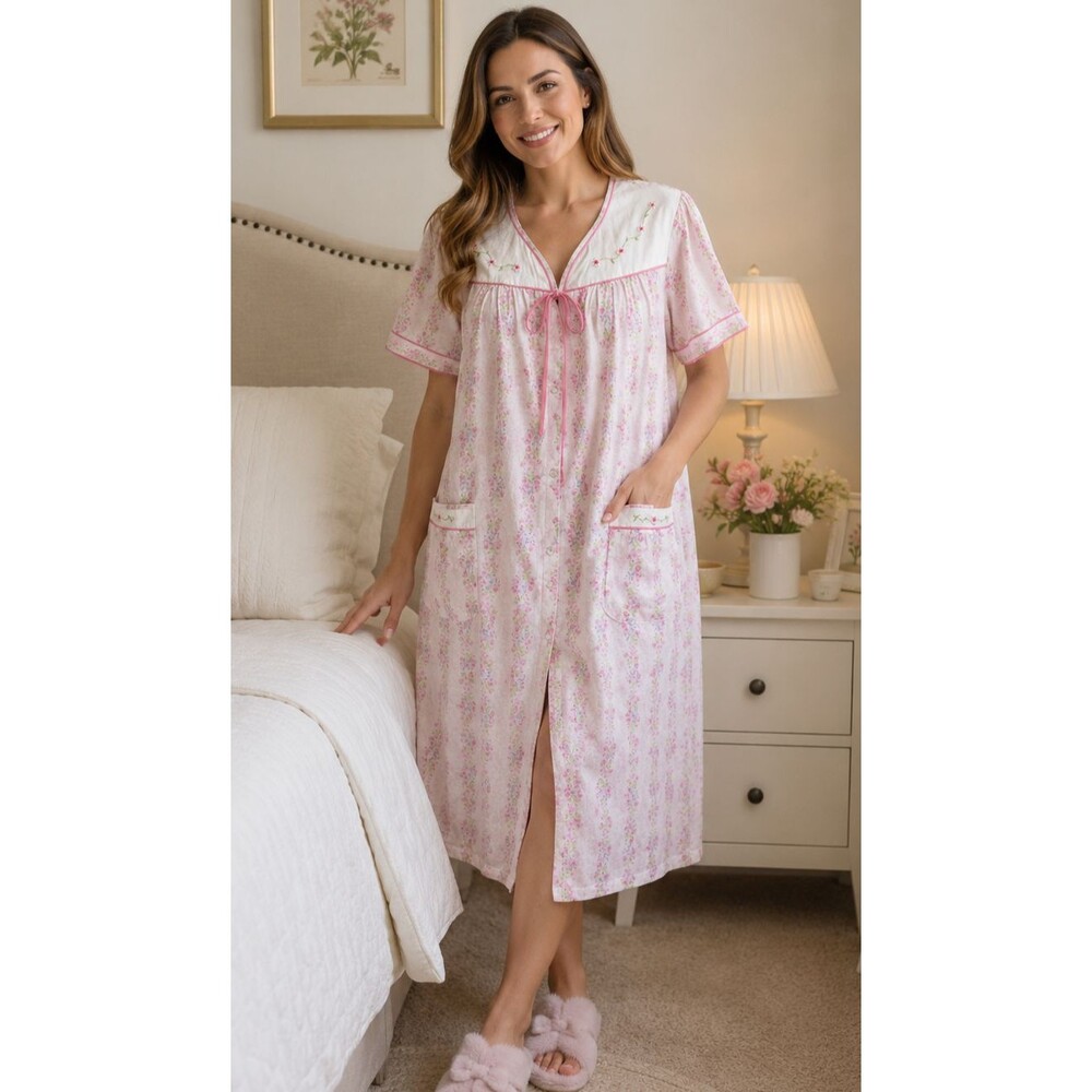 Vintage Moon Dance Womens Duster Housedress Lg Pink Floral Robe Loungewear Y2K